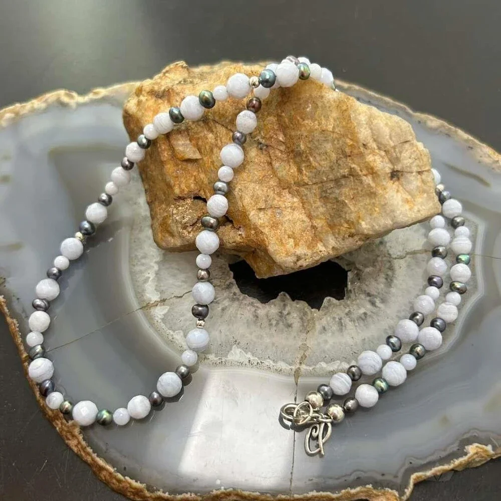 Carolyn Pollack Sterling Blue Lace Agate &Eggplant Pearl Bead Necklace For Women